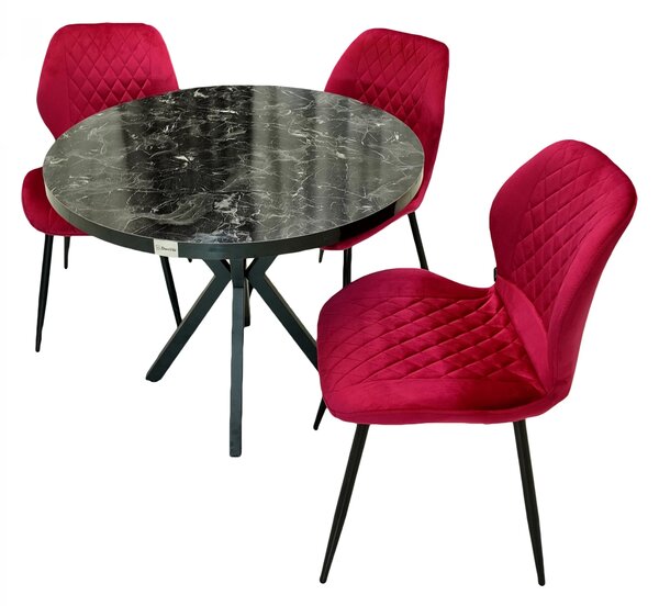 Set masa Hamburg Black Marble cu 3 scaune Goteborg bordo, DENVER, picioare metalice negre, forma rotunda, 90x73 cm