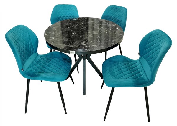 Set masa Hamburg Black Marble cu 4 scaune Goteborg turcoaz, DENVER, picioare metalice negre, forma rotunda, 90x73 cm