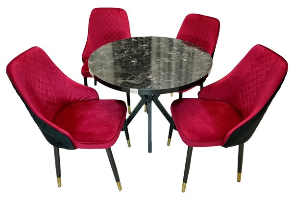 Set masa Hamburg Black Marble cu 4 scaune Modena bordo, DENVER, picioare metalice negre, forma rotunda, 90x73 cm