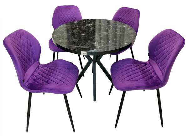 Set masa Hamburg Black Marble cu 4 scaune Goteborg mov, DENVER, picioare metalice negre, forma rotunda, 90x73 cm