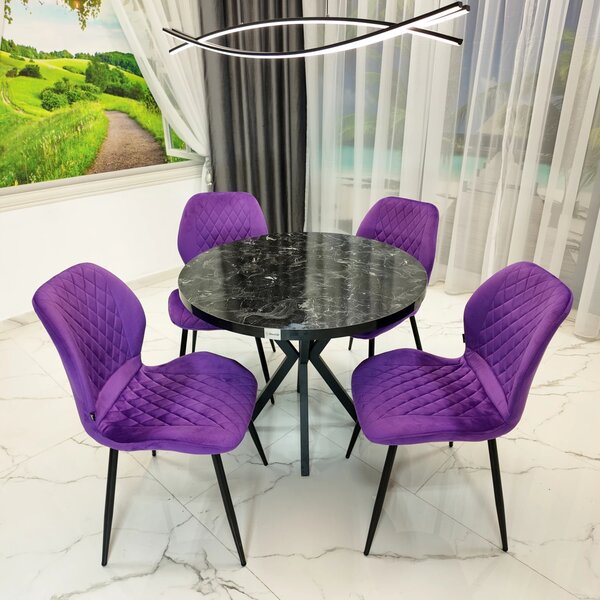 Set masa Hamburg Black Marble cu 4 scaune Goteborg mov, DENVER, picioare metalice negre, forma rotunda, 90x73 cm