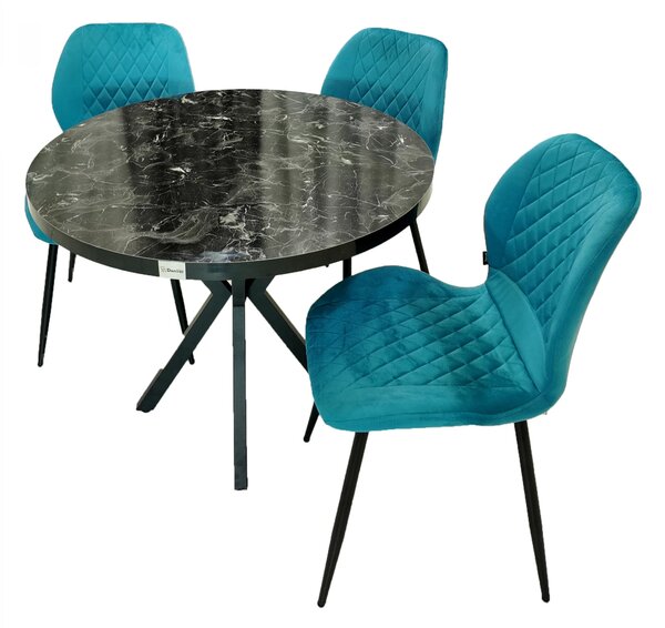 Set masa Hamburg Black Marble cu 3 scaune Goteborg turcoaz, DENVER, picioare metalice negre, forma rotunda, 90x73 cm