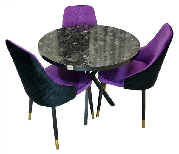 Set masa Hamburg Black Marble cu 3 scaune Modena mov, DENVER, picioare metalice negre, forma rotunda, 90x73 cm