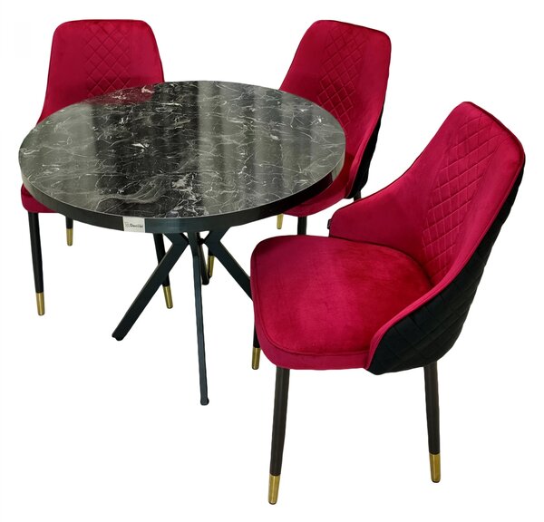 Set masa Hamburg Black Marble cu 3 scaune Modena bordo, DENVER, picioare metalice negre, forma rotunda, 90x73 cm