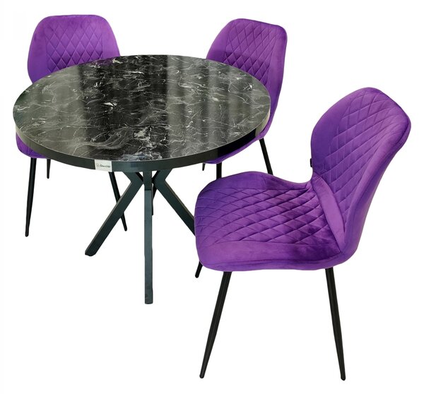Set masa Hamburg Black Marble cu 3 scaune Goteborg mov, DENVER, picioare metalice negre, forma rotunda, 90x73 cm