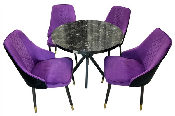 Set masa Hamburg Black Marble cu 4 scaune Modena mov, DENVER, picioare metalice negre, forma rotunda, 90x73 cm
