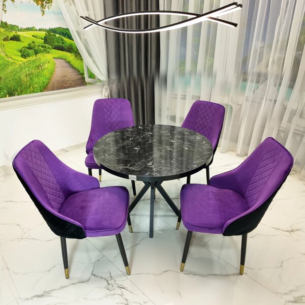 Set masa Hamburg Black Marble cu 4 scaune Modena mov, DENVER, picioare metalice negre, forma rotunda, 90x73 cm
