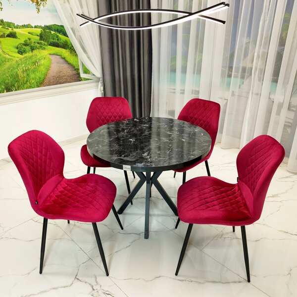 Set masa Hamburg Black Marble cu 4 scaune Goteborg bordo, DENVER, picioare metalice negre, forma rotunda, 90x73 cm