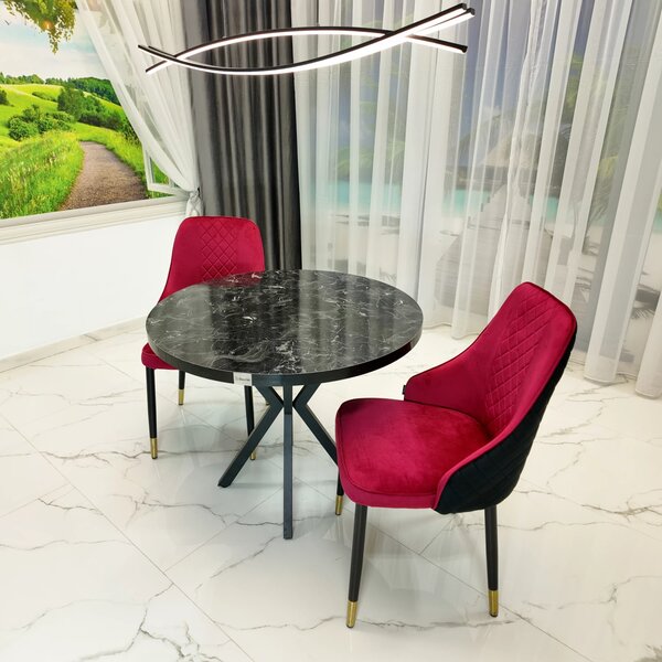 Set masa Hamburg Black Marble cu 2 scaune Modena bordo, DENVER, picioare metalice negre, forma rotunda, 90x73 cm