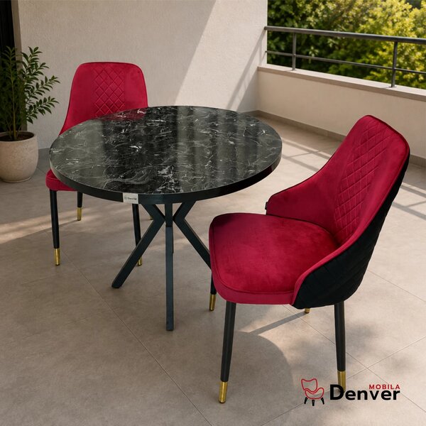 Set masa Hamburg Black Marble cu 2 scaune Modena bordo, DENVER, picioare metalice negre, forma rotunda, 90x73 cm