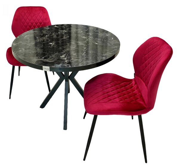 Set masa Hamburg Black Marble cu 2 scaune Goteborg bordo, DENVER, picioare metalice negre, forma rotunda, 90x73 cm