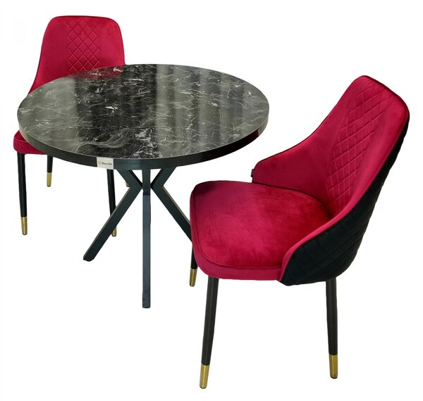 Set masa Hamburg Black Marble cu 2 scaune Modena bordo, DENVER, picioare metalice negre, forma rotunda, 90x73 cm