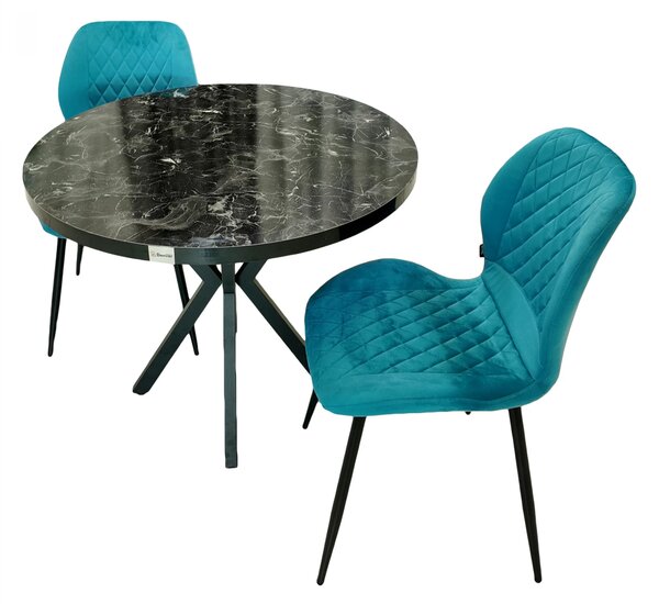 Set masa Hamburg Black Marble cu 2 scaune Goteborg turcoaz, DENVER, picioare metalice negre, forma rotunda, 90x73 cm