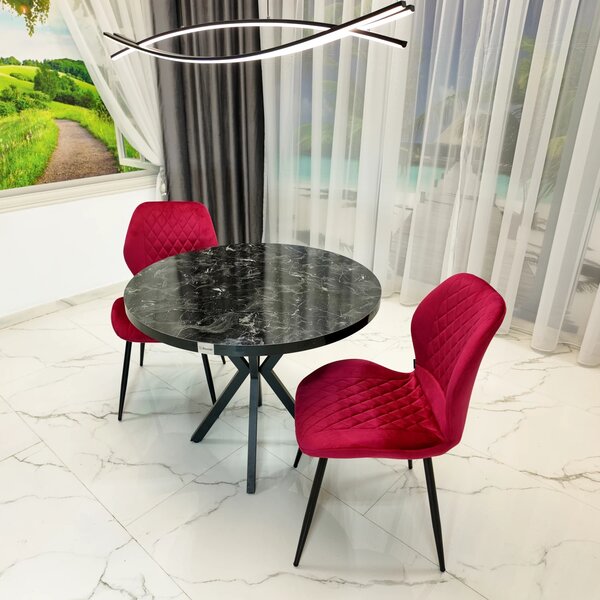 Set masa Hamburg Black Marble cu 2 scaune Goteborg bordo, DENVER, picioare metalice negre, forma rotunda, 90x73 cm