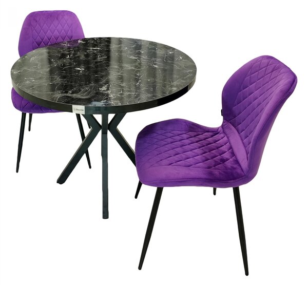 Set masa Hamburg Black Marble cu 2 scaune Goteborg mov, DENVER, picioare metalice negre, forma rotunda, 90x73 cm
