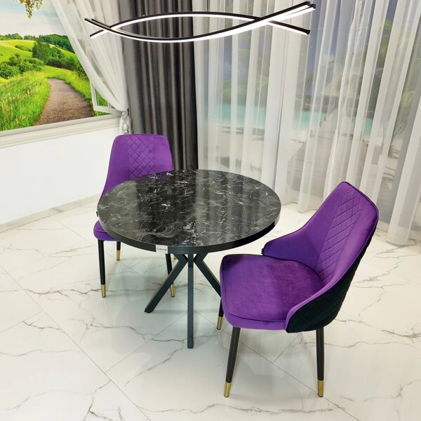 Set masa Hamburg Black Marble cu 2 scaune Modena mov, DENVER, picioare metalice negre, forma rotunda, 90x73 cm