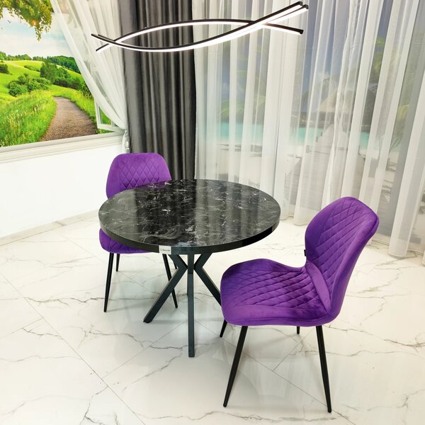Set masa Hamburg Black Marble cu 2 scaune Goteborg mov, DENVER, picioare metalice negre, forma rotunda, 90x73 cm