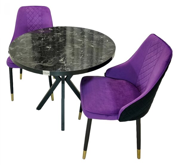 Set masa Hamburg Black Marble cu 2 scaune Modena mov, DENVER, picioare metalice negre, forma rotunda, 90x73 cm
