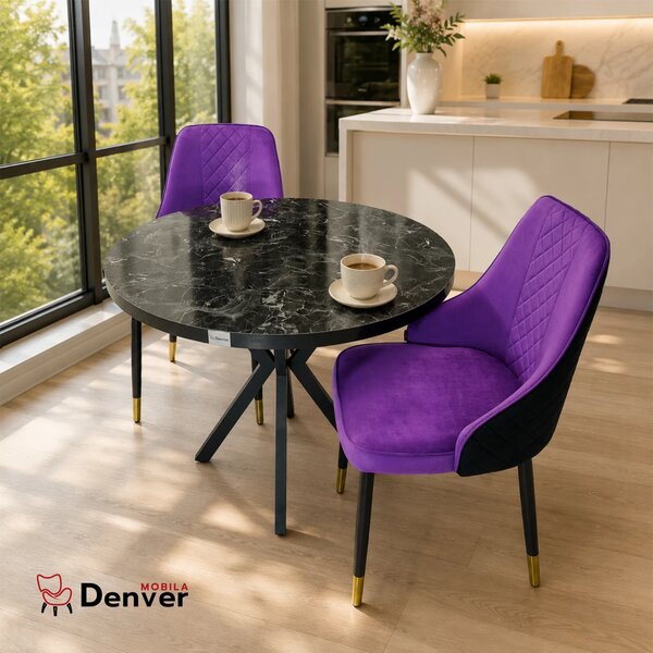 Set masa Hamburg Black Marble cu 2 scaune Modena mov, DENVER, picioare metalice negre, forma rotunda, 90x73 cm