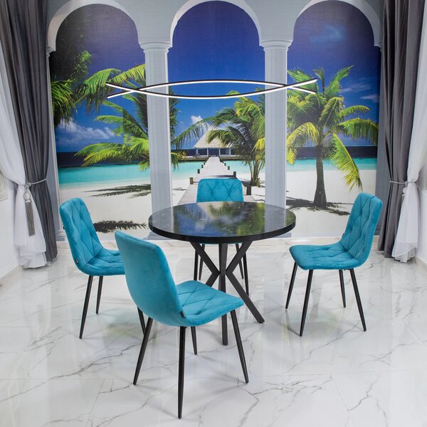 Set masa Hamburg Black Marble cu 4 scaune Kobe turcoaz, DENVER, picioare metalice negre, forma rotunda, 90x73 cm