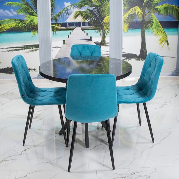 Set masa Hamburg Black Marble cu 4 scaune Kobe turcoaz, DENVER, picioare metalice negre, forma rotunda, 90x73 cm