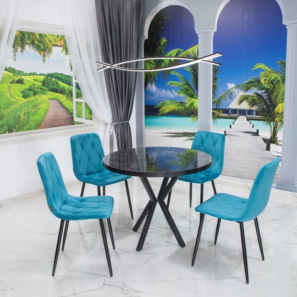 Set masa Hamburg Black Marble cu 4 scaune Kobe turcoaz, DENVER, picioare metalice negre, forma rotunda, 90x73 cm