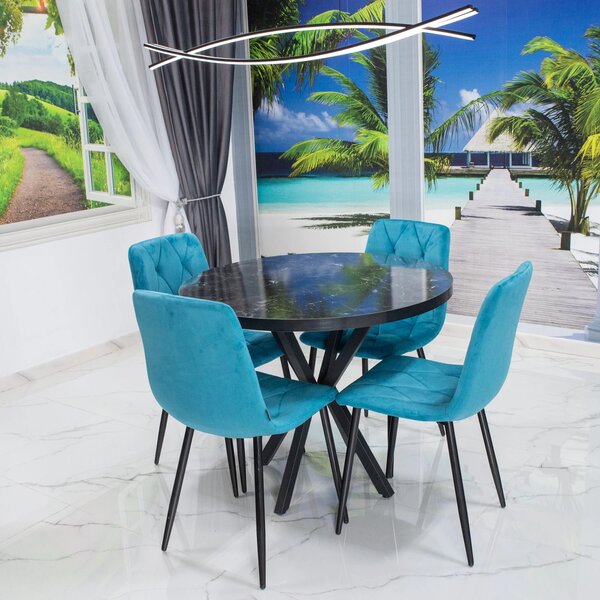 Set masa Hamburg Black Marble cu 4 scaune Kobe turcoaz, DENVER, picioare metalice negre, forma rotunda, 90x73 cm