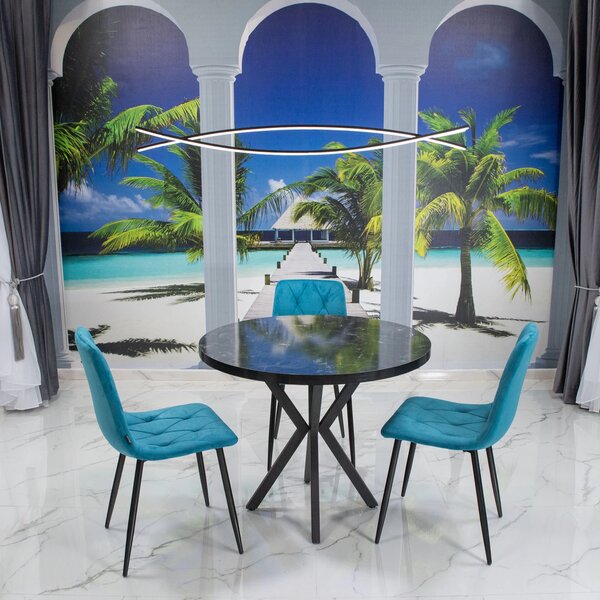 Set masa Hamburg Black Marble cu 3 scaune Kobe turcoaz, DENVER, picioare metalice negre, forma rotunda, 90x73 cm