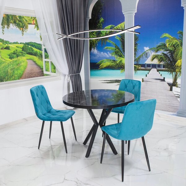 Set masa Hamburg Black Marble cu 3 scaune Kobe turcoaz, DENVER, picioare metalice negre, forma rotunda, 90x73 cm