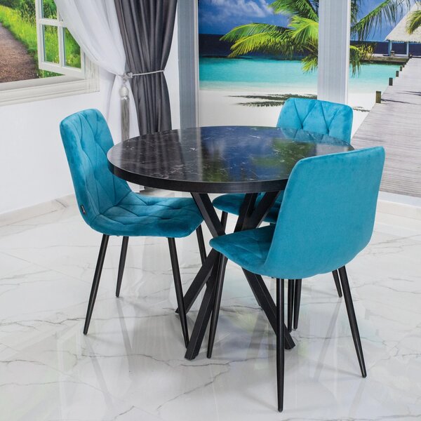 Set masa Hamburg Black Marble cu 3 scaune Kobe turcoaz, DENVER, picioare metalice negre, forma rotunda, 90x73 cm