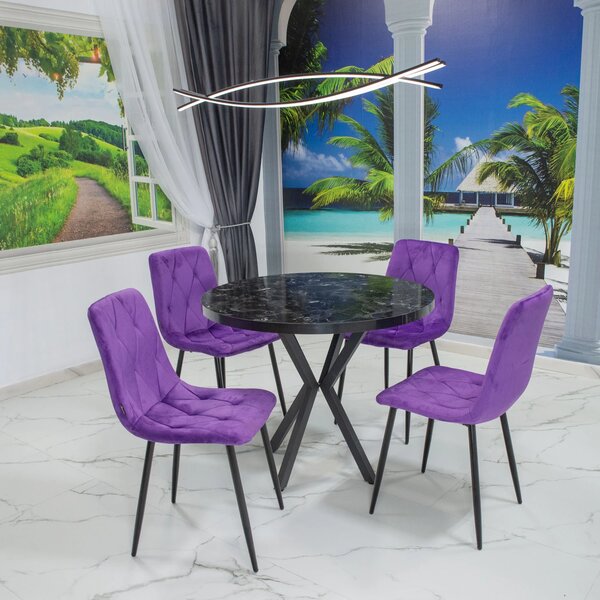 Set masa Hamburg Black Marble cu 4 scaune Kobe mov, DENVER, picioare metalice negre, forma rotunda, 90x73 cm
