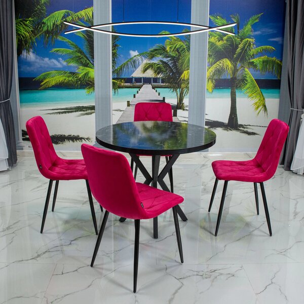 Set masa Hamburg Black Marble cu 4 scaune Kobe bordo, DENVER, picioare metalice negre, forma rotunda, 90x73 cm