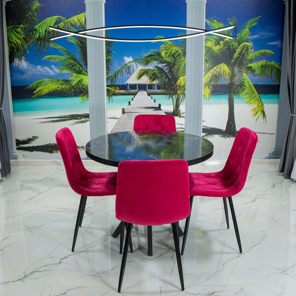 Set masa Hamburg Black Marble cu 4 scaune Kobe bordo, DENVER, picioare metalice negre, forma rotunda, 90x73 cm
