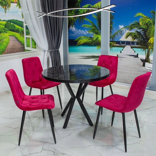 Set masa Hamburg Black Marble cu 4 scaune Kobe bordo, DENVER, picioare metalice negre, forma rotunda, 90x73 cm