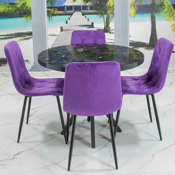 Set masa Hamburg Black Marble cu 4 scaune Kobe mov, DENVER, picioare metalice negre, forma rotunda, 90x73 cm