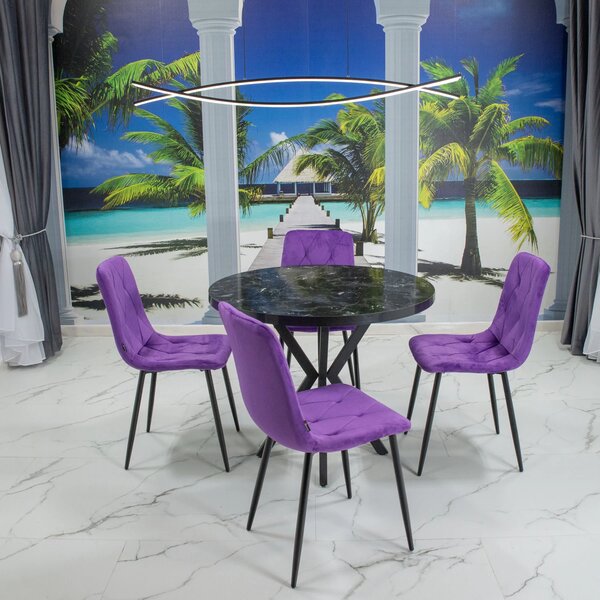 Set masa Hamburg Black Marble cu 4 scaune Kobe mov, DENVER, picioare metalice negre, forma rotunda, 90x73 cm