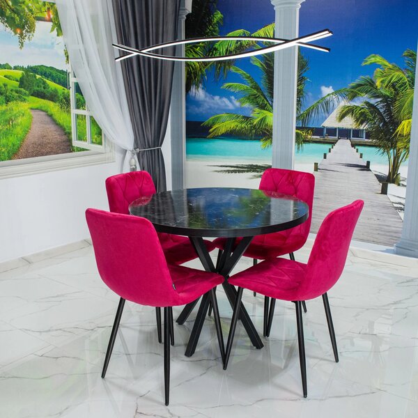 Set masa Hamburg Black Marble cu 4 scaune Kobe bordo, DENVER, picioare metalice negre, forma rotunda, 90x73 cm