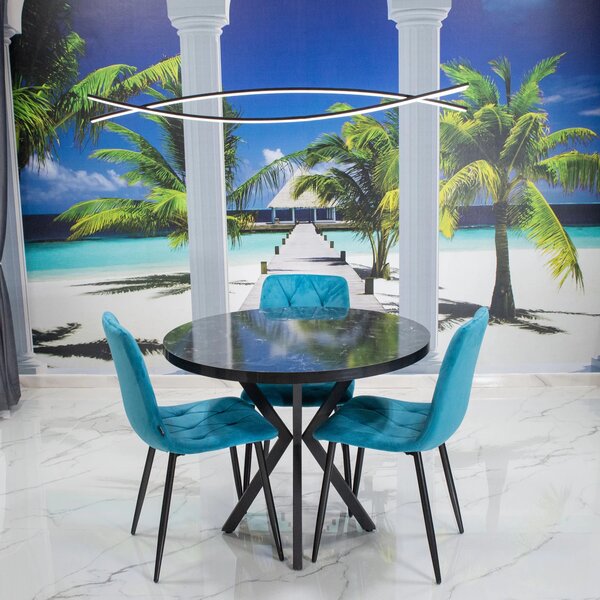 Set masa Hamburg Black Marble cu 3 scaune Kobe turcoaz, DENVER, picioare metalice negre, forma rotunda, 90x73 cm