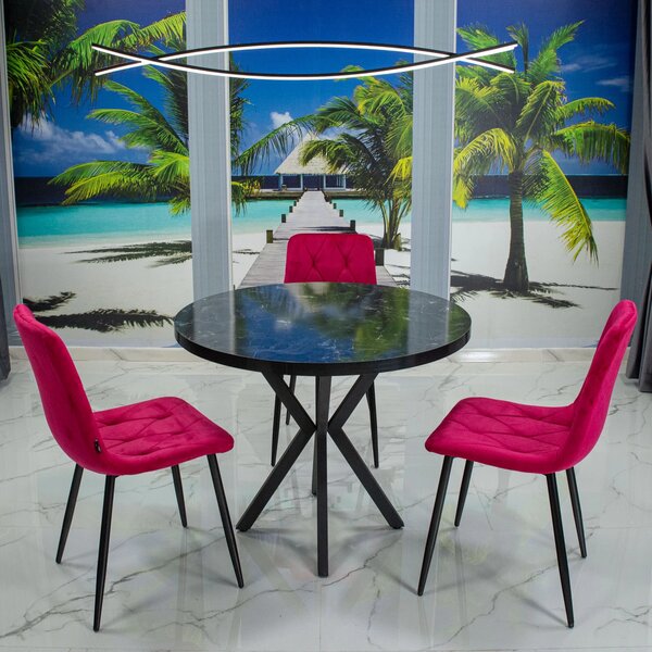 Set masa Hamburg Black Marble cu 3 scaune Kobe bordo, DENVER, picioare metalice negre, forma rotunda, 90x73 cm