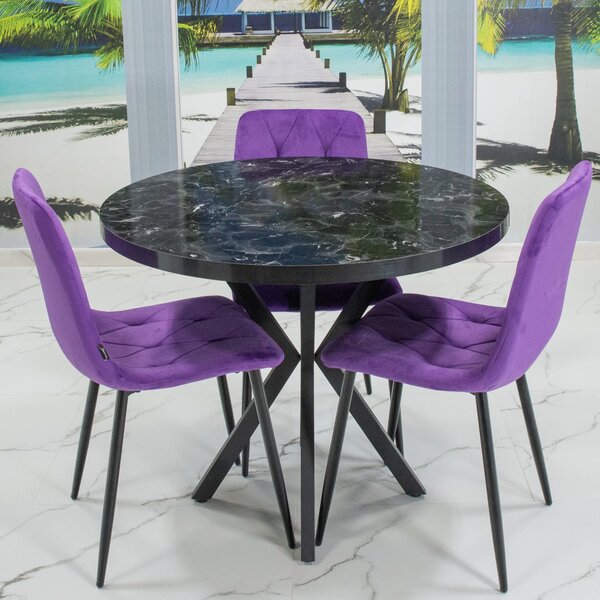 Set masa Hamburg Black Marble cu 3 scaune Kobe mov, DENVER, picioare metalice negre, forma rotunda, 90x73 cm