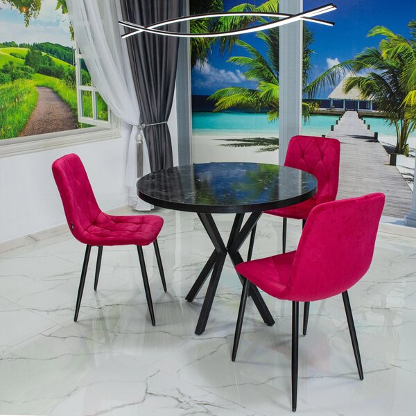 Set masa Hamburg Black Marble cu 3 scaune Kobe bordo, DENVER, picioare metalice negre, forma rotunda, 90x73 cm