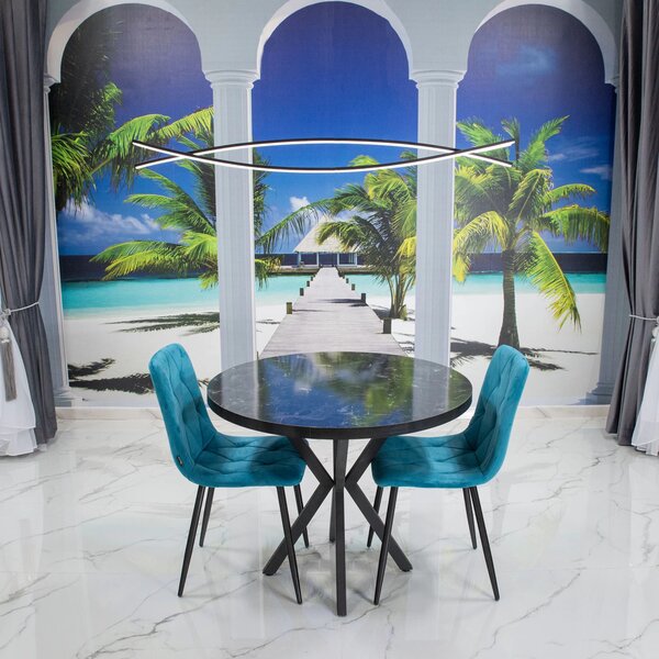 Set masa Hamburg Black Marble cu 2 scaune Kobe turcoaz, DENVER, picioare metalice negre, forma rotunda, 90x73 cm