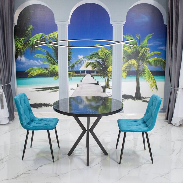 Set masa Hamburg Black Marble cu 2 scaune Kobe turcoaz, DENVER, picioare metalice negre, forma rotunda, 90x73 cm