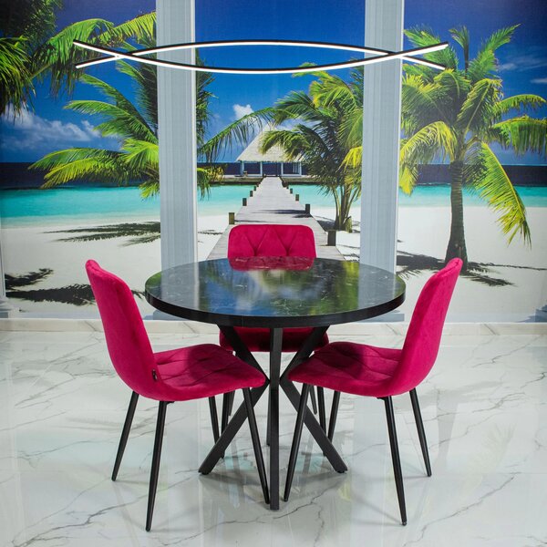 Set masa Hamburg Black Marble cu 3 scaune Kobe bordo, DENVER, picioare metalice negre, forma rotunda, 90x73 cm