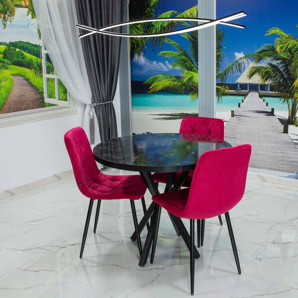 Set masa Hamburg Black Marble cu 3 scaune Kobe bordo, DENVER, picioare metalice negre, forma rotunda, 90x73 cm