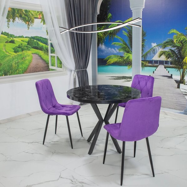 Set masa Hamburg Black Marble cu 3 scaune Kobe mov, DENVER, picioare metalice negre, forma rotunda, 90x73 cm