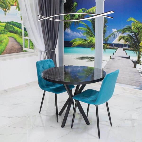 Set masa Hamburg Black Marble cu 2 scaune Kobe turcoaz, DENVER, picioare metalice negre, forma rotunda, 90x73 cm