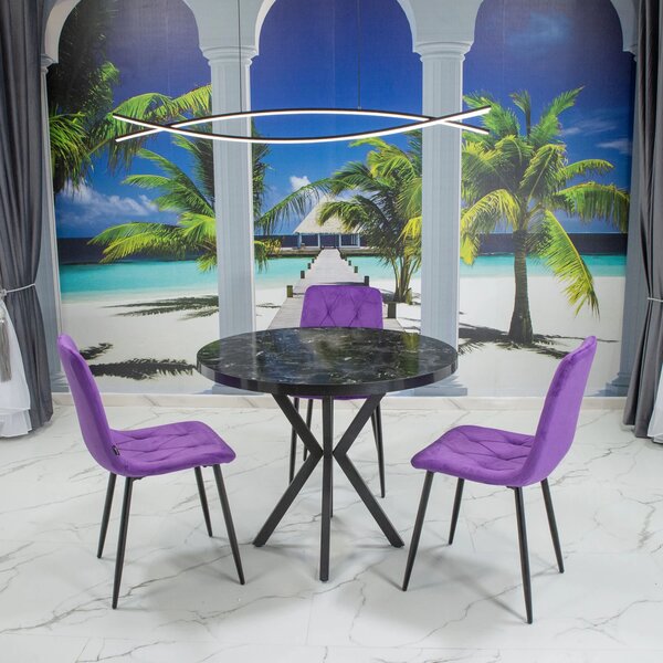 Set masa Hamburg Black Marble cu 3 scaune Kobe mov, DENVER, picioare metalice negre, forma rotunda, 90x73 cm