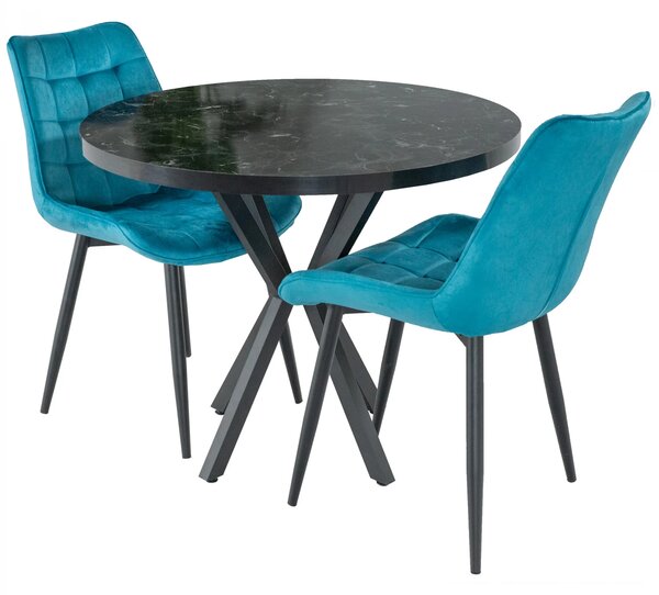 Set masa Hamburg Black Marble cu 2 scaune Osaka turcoaz, DENVER, picioare metalice negre, forma rotunda, 90x73 cm
