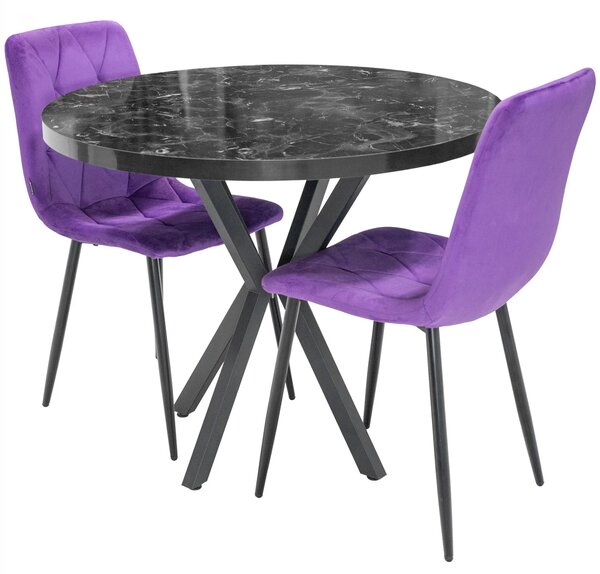 Set masa Hamburg Black Marble cu 2 scaune Kobe mov, DENVER, picioare metalice negre, forma rotunda, 90x73 cm